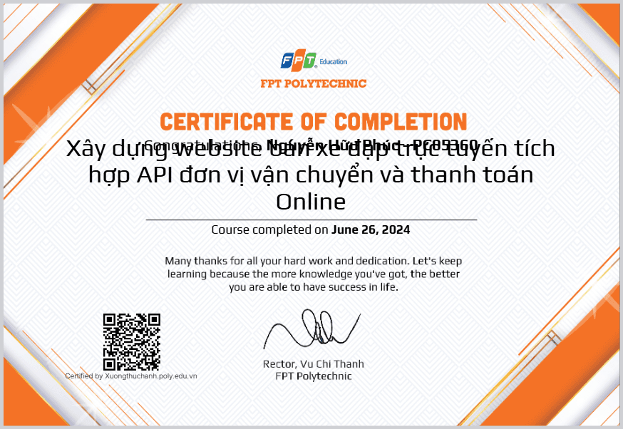 Đồ án - Chứng chỉ cửa hàng Bike Store tích hợp thánh toán online